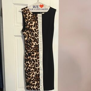 Sleeveless Leopard-Panel Colorblock Sheath Dress - Black/Leopard/White